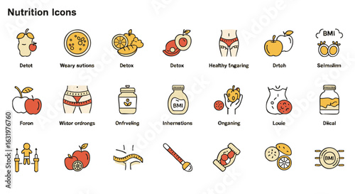 Colorful nutrition icons depicting various food items, healthy eating, and dietary concepts, with related visual representations.