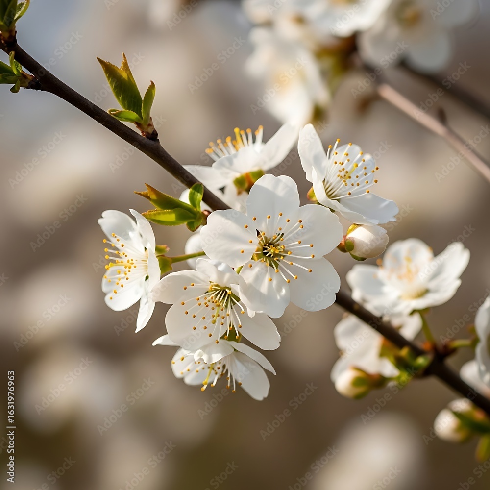 Obraz premium Close-up of delicate white blossoms on a branch.