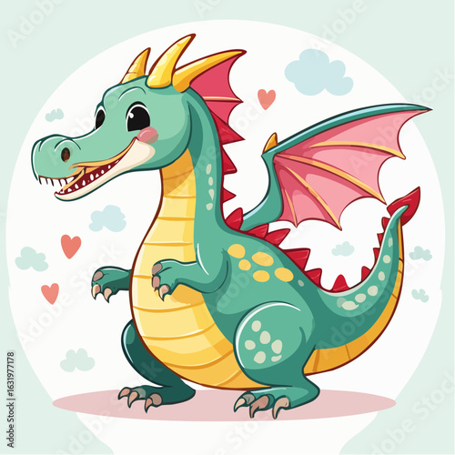 Adorable Cartoon Dragon with Wings and Hearts, a Whimsical Fantasy Illustration