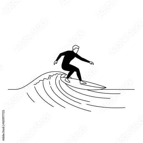 A minimalist line art illustration of a surfer in a wetsuit riding a stylized ocean wave.