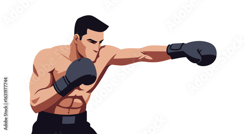 Animated illustration of a muscular male boxer with black hair throwing a straight punch forward.