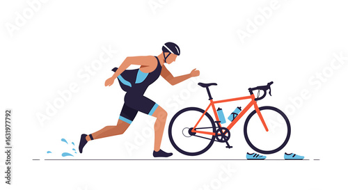A male triathlete runs from the water to his bicycle during the transition phase of a race.