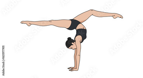 An illustration of a woman in black sportswear performing a challenging handstand with a leg split.