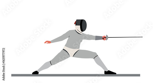 A fencer in a grey uniform and protective mask lunges forward with a sword on the piste.