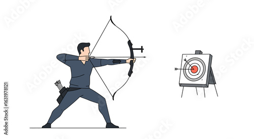 An illustration of a male archer in a blue uniform aiming a bow and arrow at a target with a bullseye hit.