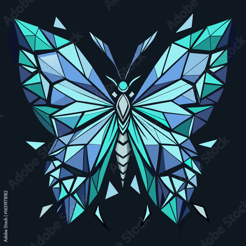 A butterfly with wings made of shattered glass pieces reflecting light