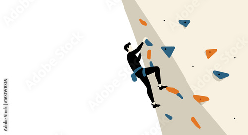 A climber scales an artificial rock wall with colorful holds in a minimalist illustration.
