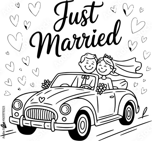Just Married Wedding Illustration: A whimsical illustration captures the pure bliss of a newlywed couple driving in a classic car, surrounded by floating hearts, celebrating their love