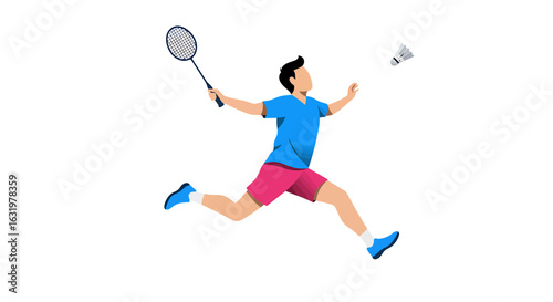 A dynamic vector illustration of a male badminton player jumping to hit a shuttlecock with a racket.