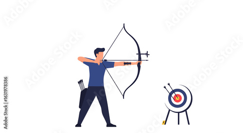 A male archer in a blue shirt aims his bow and arrow at a target, striving for the bullseye.