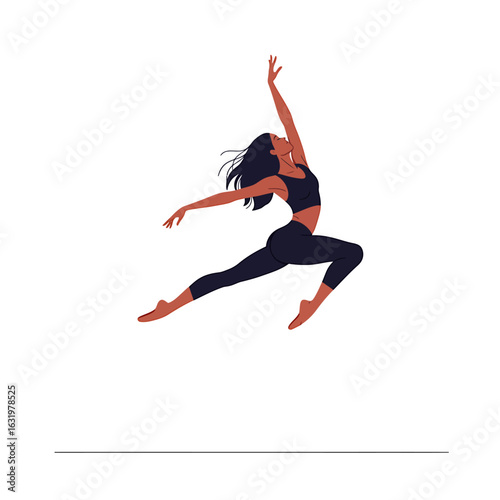 A graceful woman with long dark hair performs a dynamic dance leap in black athletic wear.