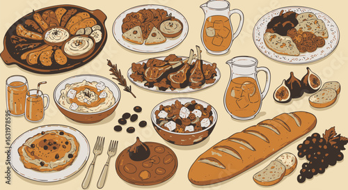 Hand-drawn illustration of a traditional food feast. Assortment of Mediterranean dishes, including meat, bread, hummus, and fruit