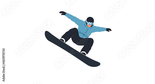 A snowboarder wearing black winter gear and goggles performs a jump in mid-air.