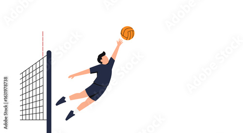 A male volleyball player jumps high in the air to spike the ball over the net.