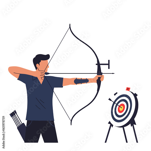 A male archer in a blue shirt draws his bow, aiming an arrow at a distant target.