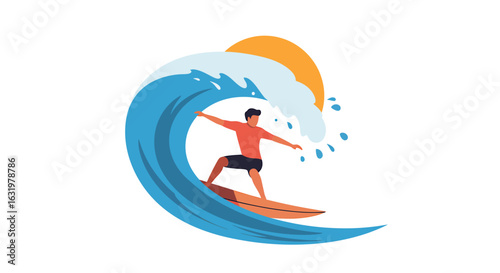A stylized illustration of a male surfer riding a large, curling blue ocean wave with the sun in the background.