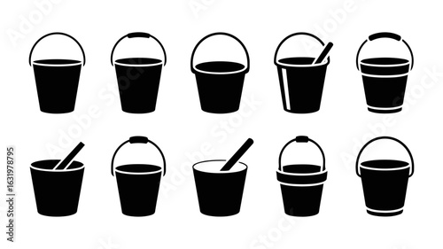 Collection of Ten Simple Black and White Bucket Icons;  Various Styles, Clean Minimalist Design,  Perfect for Web or Print.