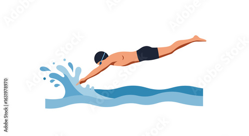 An illustration of a male swimmer wearing a cap and goggles performing a streamlined dive into the water.
