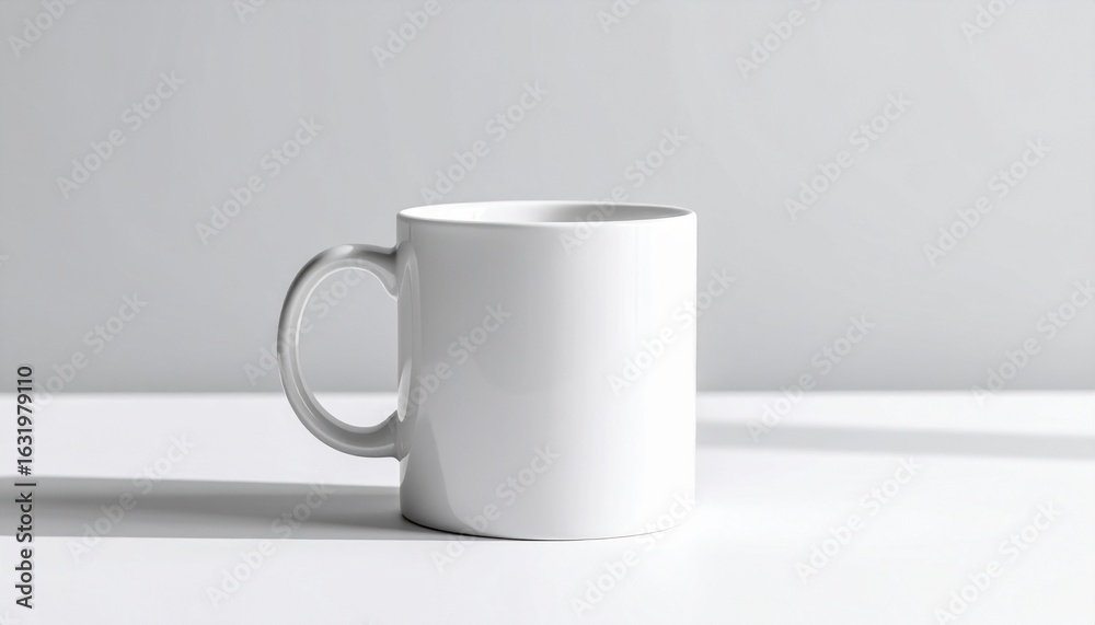 Obraz premium White ceramic mug centered on a light grey background, captured with soft studio lighting and minimal shadows, modern and minimalist aesthetic, clean product mockup. 