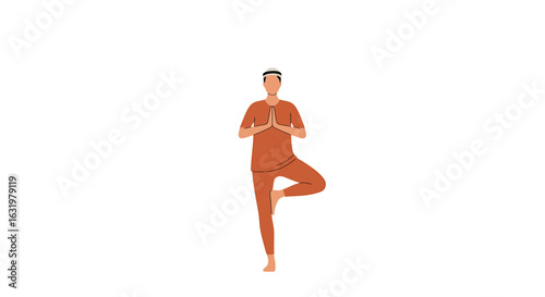 An illustration of a woman in orange activewear performing the Tree Pose, standing on one leg with her hands in a prayer position.