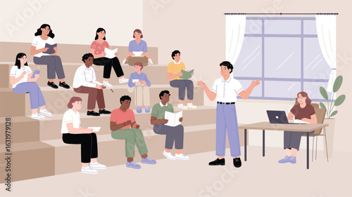 "Male Educator Giving Presentation to Students in Lecture Hall with Tiered Seating, Laptop, and Learning Materials in Modern Classroom"