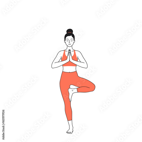 An illustration of a woman in orange activewear performing the Tree Pose, standing on one leg with her hands in a prayer position.