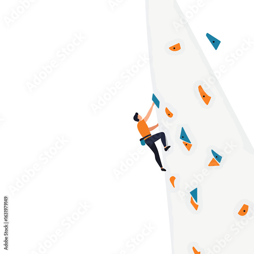 A male climber in a harness scales a steep, artificial bouldering wall with colorful holds, depicted in a minimalist flat vector style.