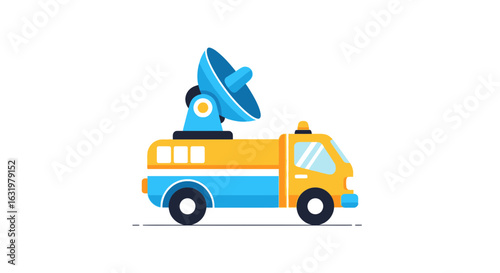 Cartoon illustration of news broadcasting truck with satellite dish, vector graphic