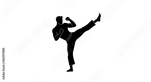 A black silhouette of a man practicing martial arts, executing a high kick.