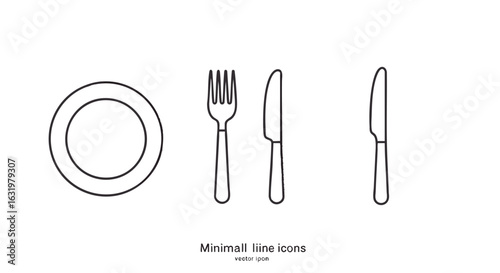 Minimalist line art icon set of a dining place setting. Features a plate, fork, and knife for restaurant or food-related concepts.