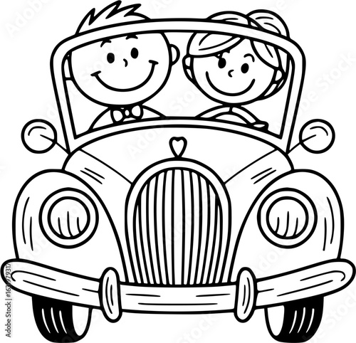 Couple's Joyride: A charming illustration of a smiling couple enjoying a joyful journey in a vintage car, a symbol of love, adventure, and a shared experience.