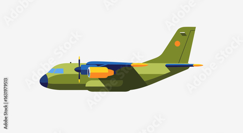 Conceptual aviation design portraying an olive green military cargo aircraft