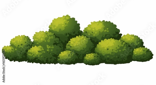 Cartoonish green bushes isolated on white, creating a natural hedge effect