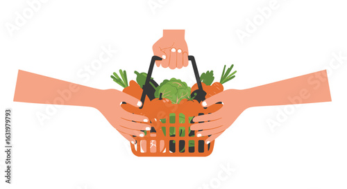 Collaborative hands holding a vibrant shopping basket filled with fresh vegetables, symbolizing community, sharing, and healthy eating.