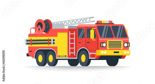 Stylized Illustration of a Fire Engine Truck with Ladder and Hose Reel