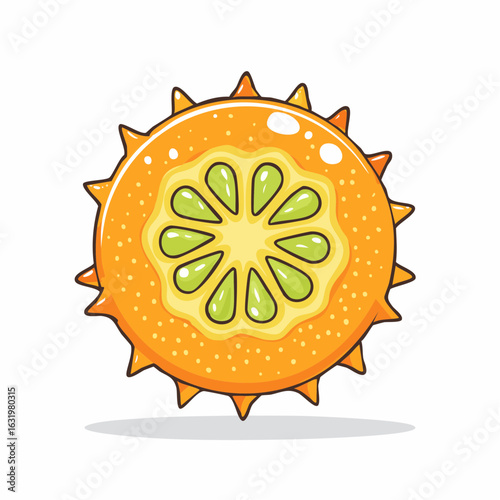 An Illustration of a Kiwano Melon Slice with a Spiky Outer Skin and Green Jelly-Like Seeds