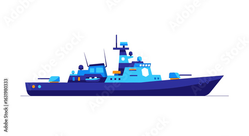 Stylized vector illustration of a modern navy warship on a white background