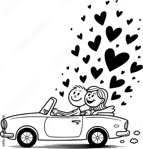Love's Journey: A charming illustration of a couple in a classic convertible, hearts billowing above them, signifying a joyous adventure, full of love, happiness, and shared experience.