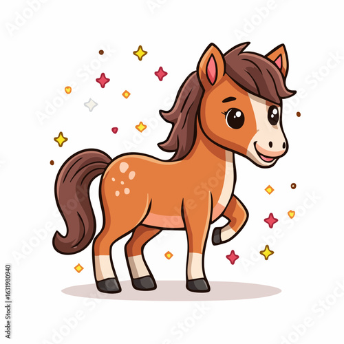 Adorable Cartoon Horse Character Illustration Surrounded by Sparkling Stars and Whimsical Dots