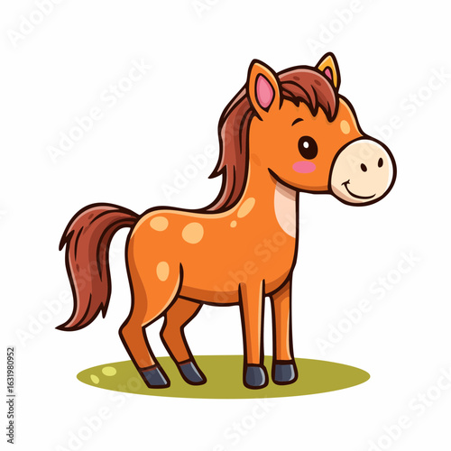 Adorable Cartoon Horse with a Cheerful Expression Standing on a Grassy Patch