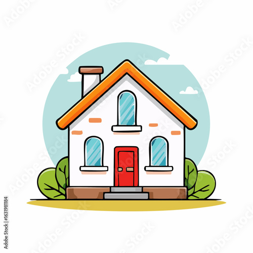 Charming cartoon house with orange roof, red door and surrounding plants illustration