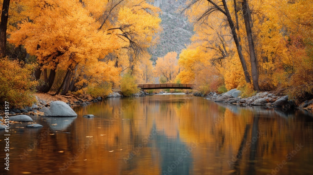 Fototapeta premium Autumn leaves falling by a tranquil river yosemite national park nature photography scenic view serene environment colorful landscape