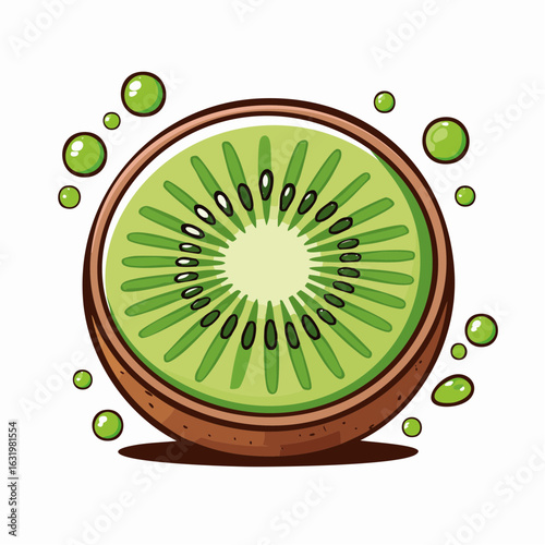 Vibrant kiwi slice illustration showcasing fresh fruit and juicy bubbles on white canvas