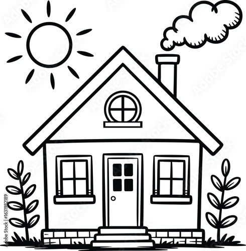Hand drawn outline illustration of a cozy house with smoke coming from chimney and the sun shining