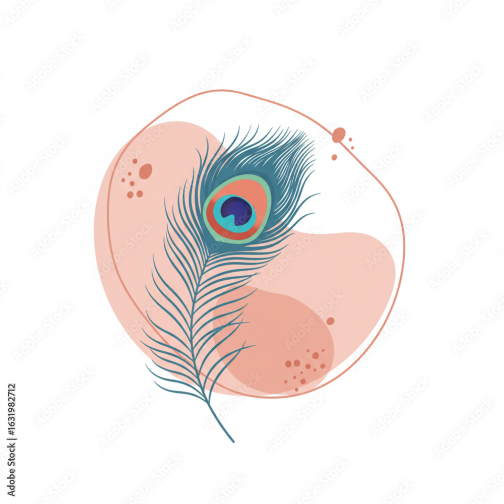 Obraz premium Colorful peacock feather illustration with vibrant hues and intricate details, set against a soft abstract background, showcasing elegance and natural beauty in design