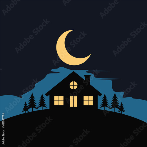 Silhouette of a house under a crescent moon with trees on a hillside at night time