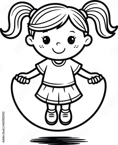 Adorable black and white cartoon girl with ponytails skipping rope during fun and exercise