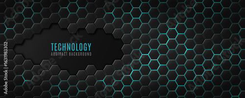 Futuristic glowing 3d black hexagons with blue neon highlights. Modern hi-tech banner design for technology presentation, digital gaming interfaces or scientific background. Vector illustration.