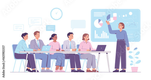 Diverse business team discussing data during a meeting with a presenter showing charts on a screen in a modern conference room