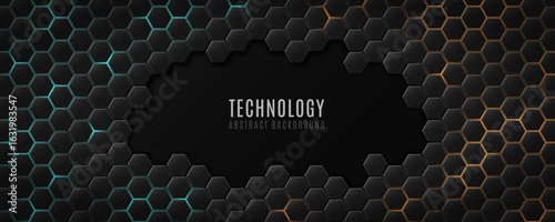 Futuristic glowing black 3d hexagons with blue and orange neon highlights. Modern hi-tech banner design for technology presentation, digital gaming interfaces or scientific background. Vector.
